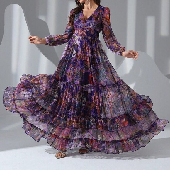 Purple Elegant Women's Floral Print long sleeved Frill Trim Maxi Dress - Picture 3 of 6